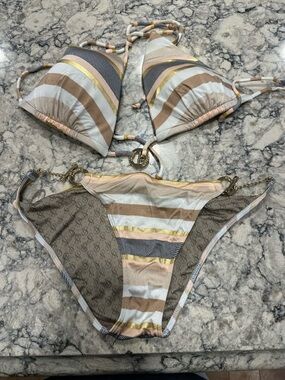 Striped Triangle Bikini Set with Gold Accent